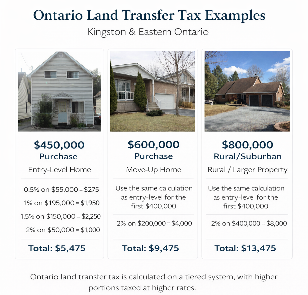Ontario land transfer tax examples for Kingston and Eastern Ontario homes showing $450,000, $600,000, and $800,000 purchase price calculations, Bill Stevenson REALTOR® Century 21 Lanthorn Real Estate Ltd Brokerage