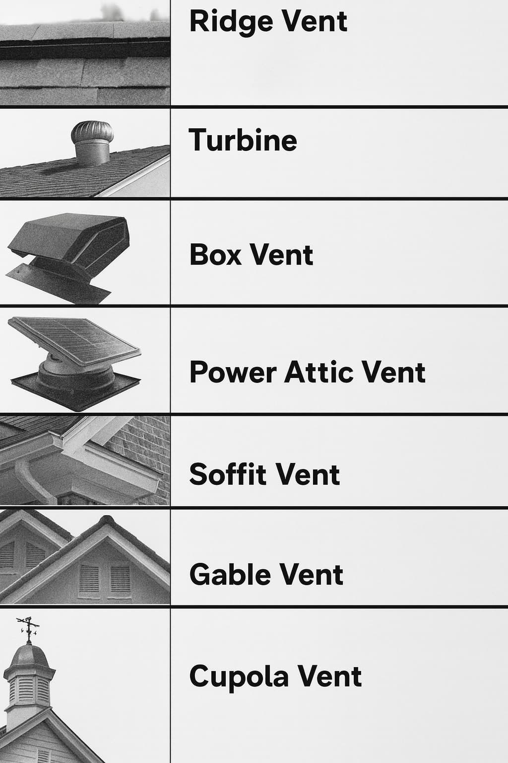 Diagram showing different types of roof and attic vents, including ridge, turbine, box, soffit, gable and cupola vents, used to explain attic ventilation in Kingston and Area homes by Bill Stevenson, REALTOR®, Century 21 Lanthorn Real Estate Ltd., Brokerage.