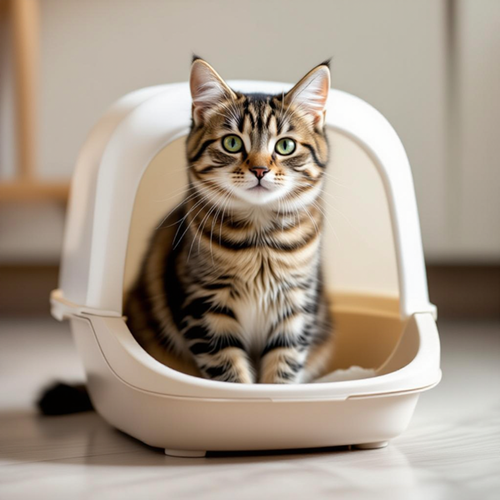 Cat sitting in a litter box illustrating odour and presentation concerns during home showings