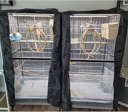 Covered bird cages used to reduce distractions during home showings with pets present