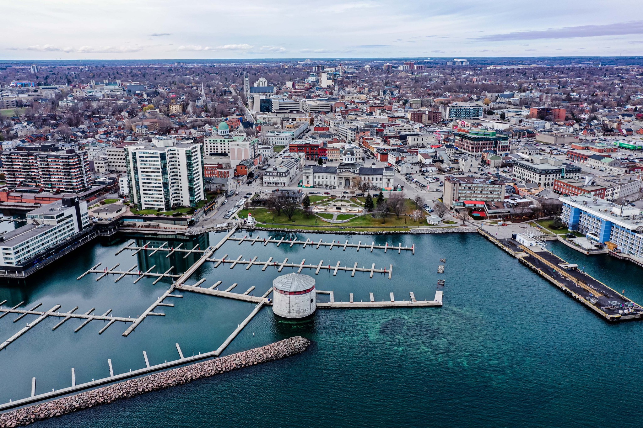 Aerial view of Kingston Ontario waterfront downtown and marina along Lake Ontario