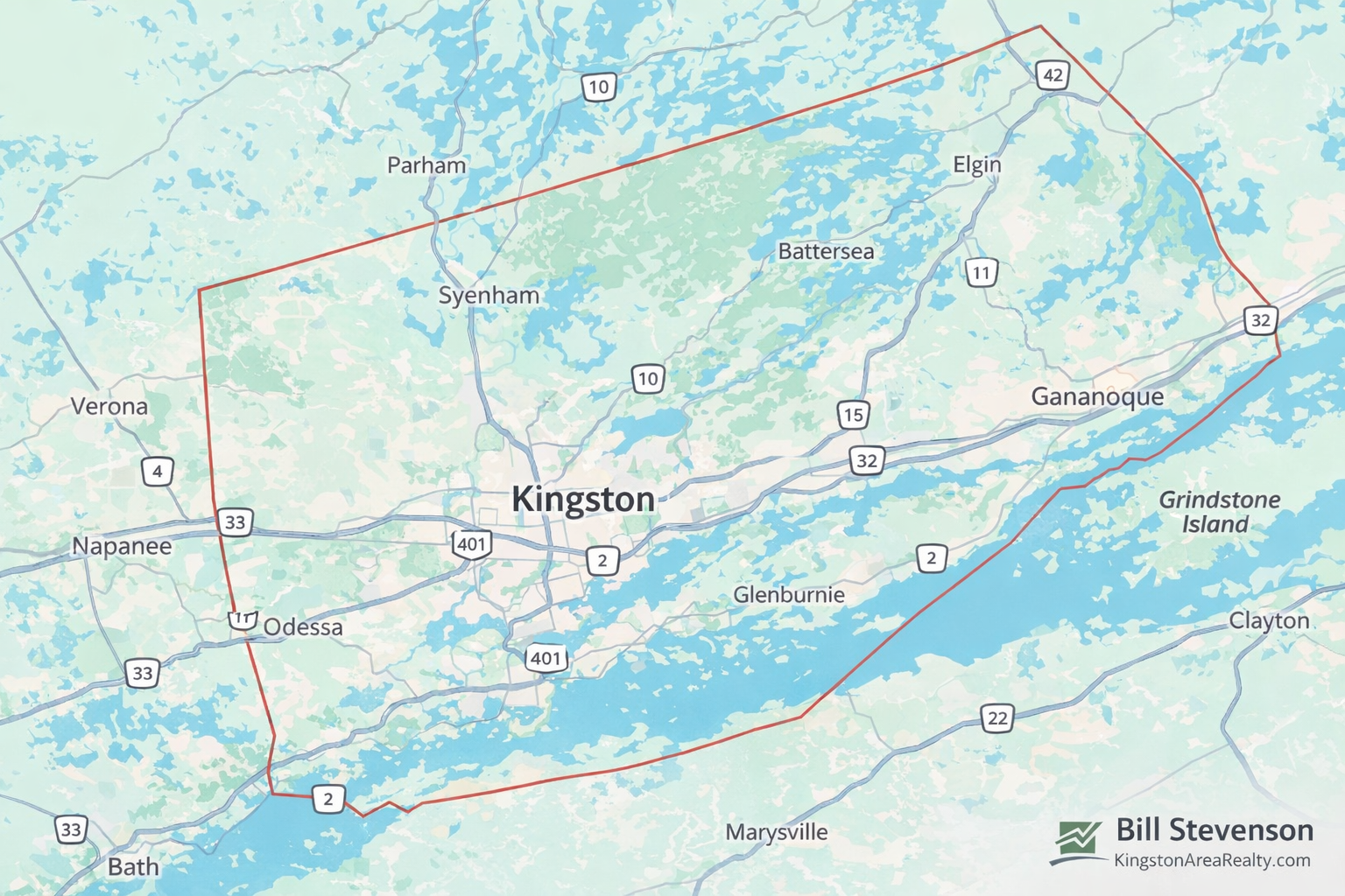 Alt Text Relocation map of Eastern Ontario showing Kingston area including Gananoque, Napanee and Sydenham