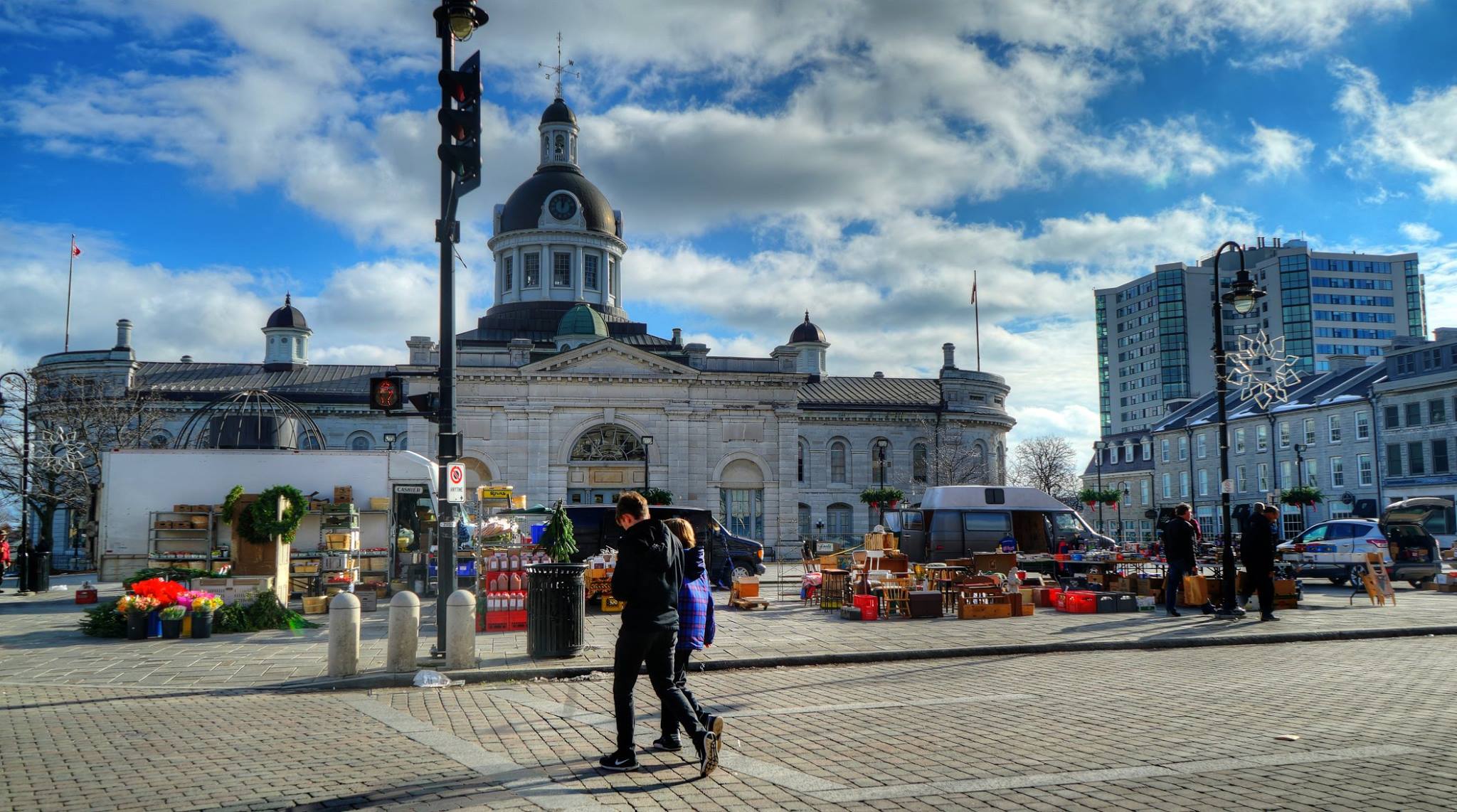 Kingston Market Square antique market in downtown Kingston Ontario with City Hall, a popular spot for those moving to Kingston