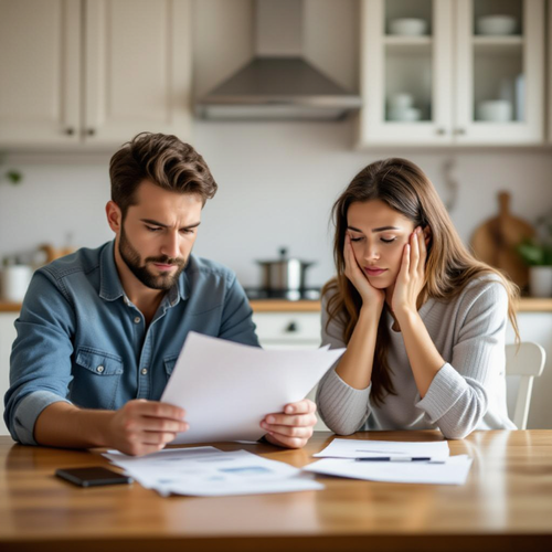 Couple reviewing finances and paperwork when deciding whether to keep or sell their home