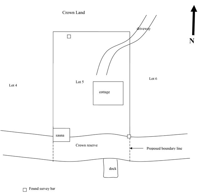 Waterfront survey diagram showing a Crown shoreline allowance between a cottage lot and the water in Eastern Ontario, Bill Stevenson REALTOR® Century 21 Lanthorn Real Estate Ltd Brokerage