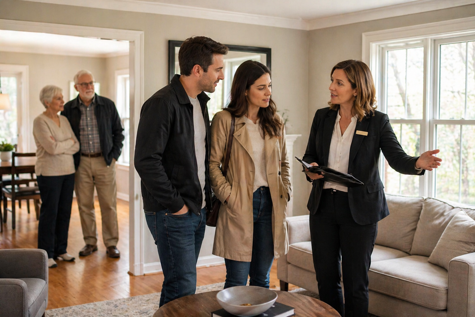 Real estate agent showing buyers a home while self-representeted owner is present