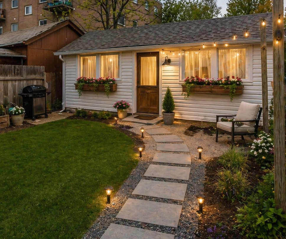 ackyard secondary unit with walkway lighting curtains and flower boxes creating a private living space for multi-generational living.