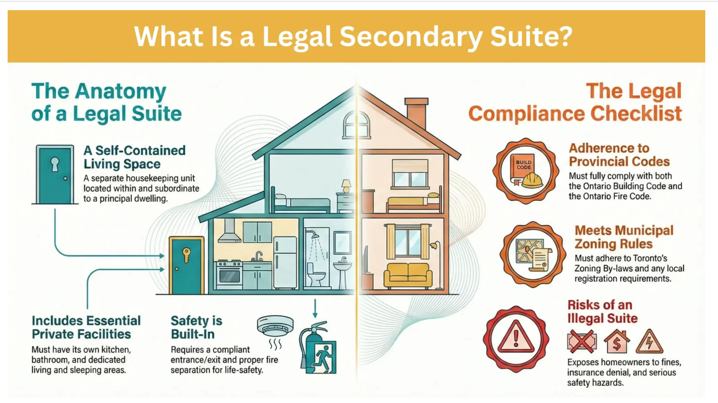 Infographic explaining legal requirements for a secondary suite including self-contained living space, building code compliance, and zoning rules