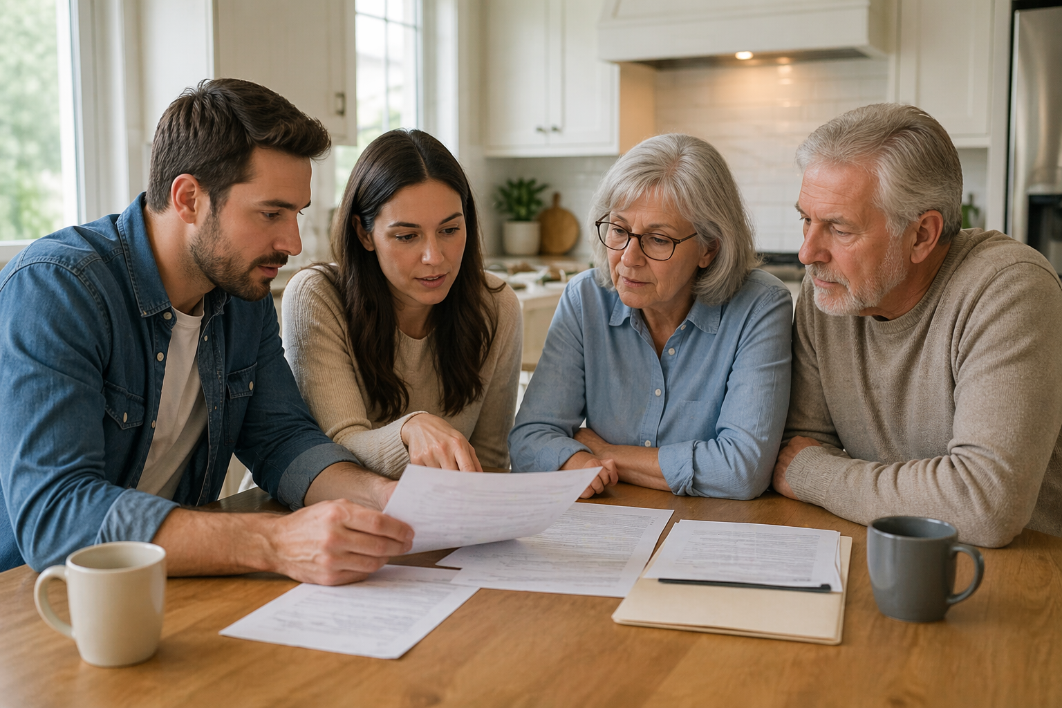Younger couple and older parents reviewing paperwork together at kitchen table discussing multi-generational living in Kingston area