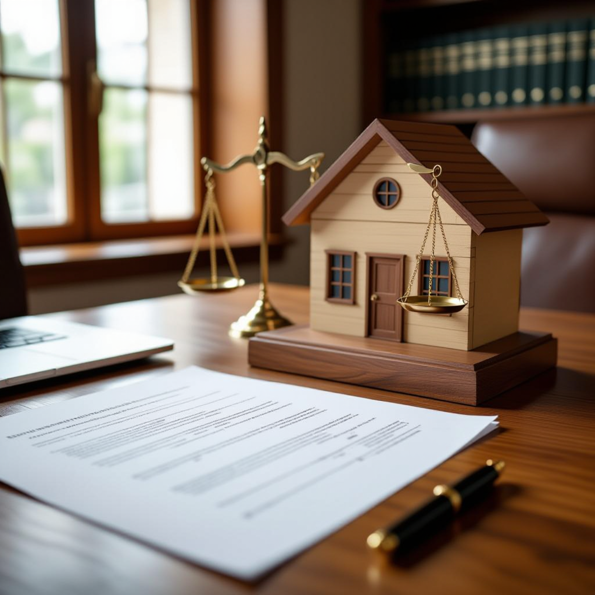 Real estate contract with model house and balance scale representing legal considerations for a self-represented seller