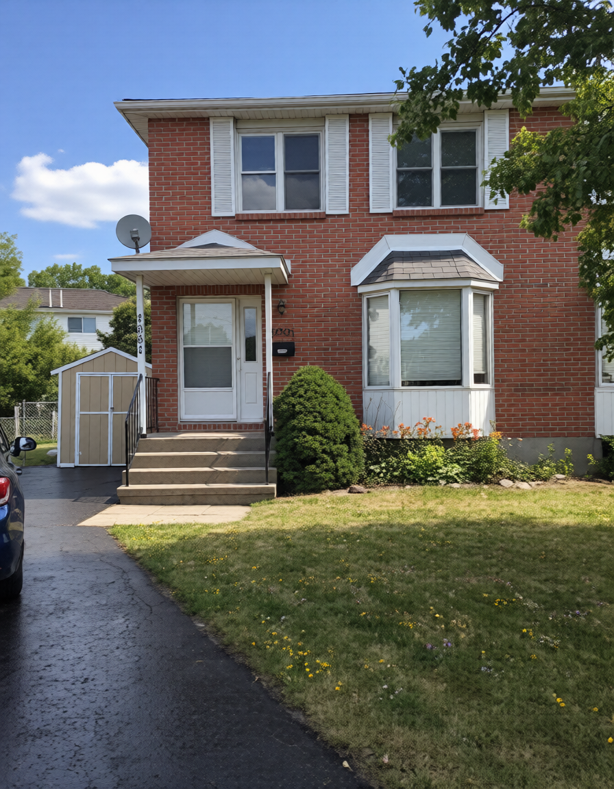Brick semi-detached home in Kingston with early spring curb appeal and front yard