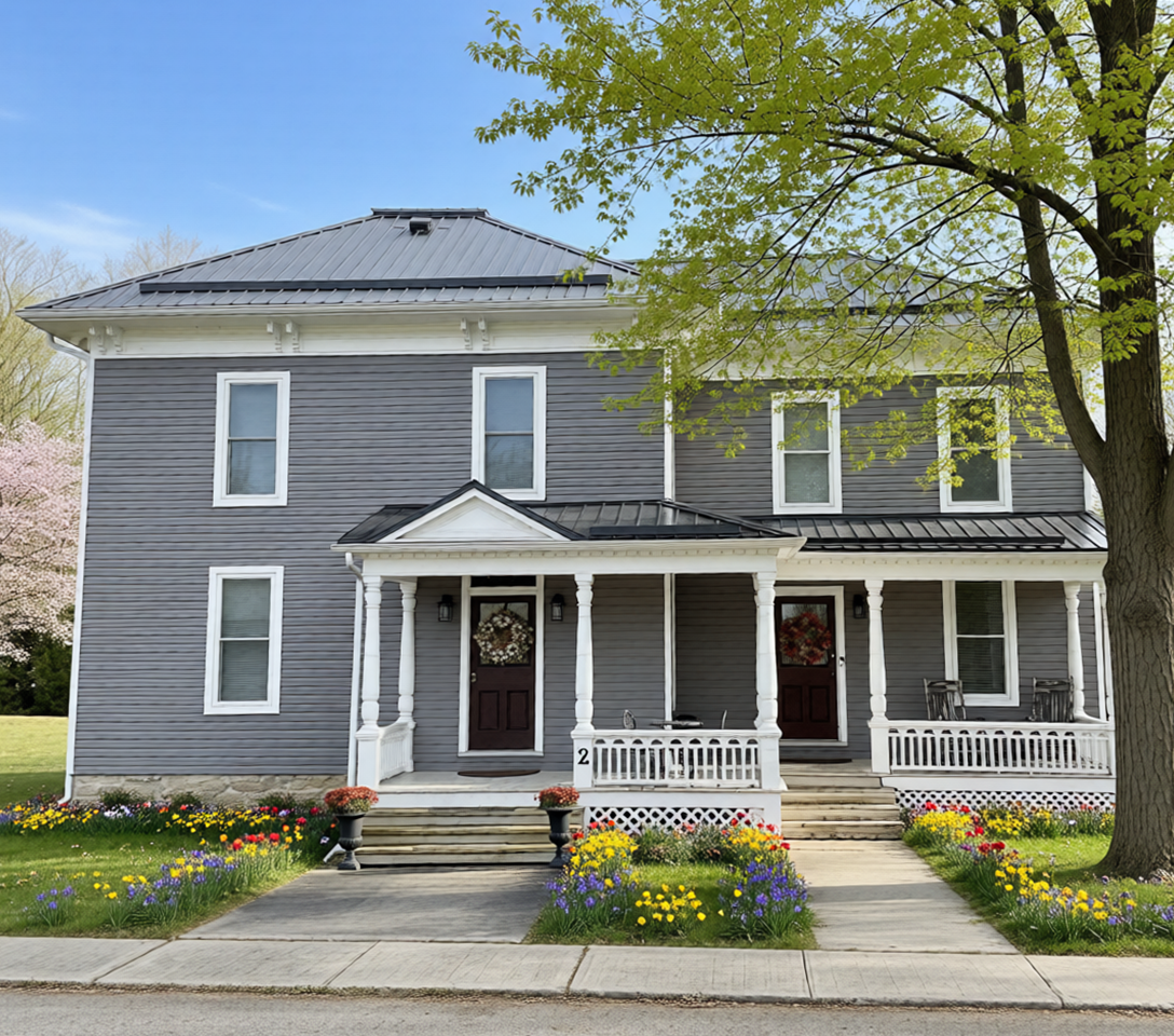 spring 2026, Character home in Delta Ontario with early spring flowers and front porch
