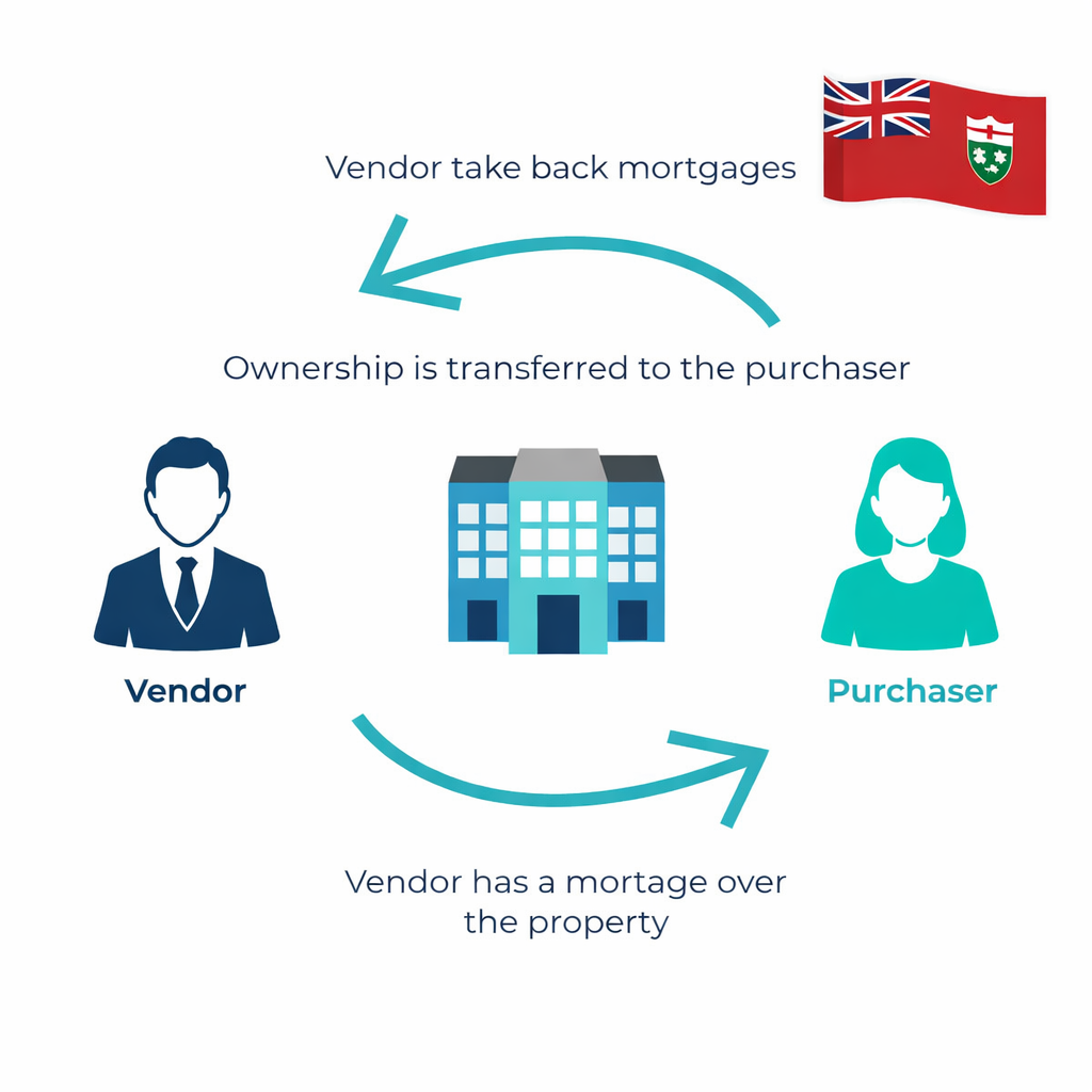 Vendor take-back mortgage diagram showing buyer and seller roles and financing structure in Ontario real estate