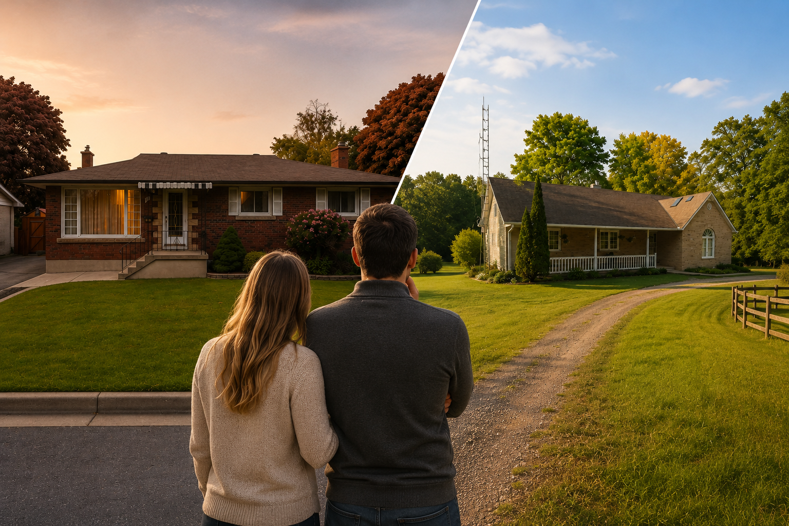 Couple balancing home buying wants and needs while comparing suburban and rural Kingston area homes 