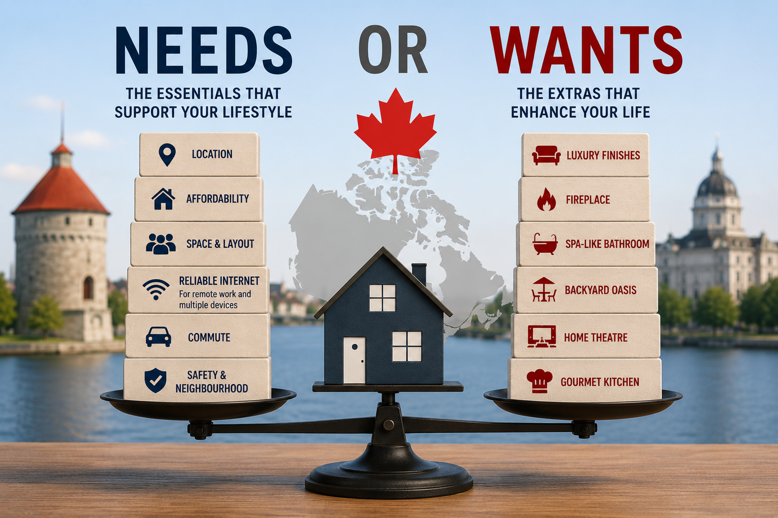 Balance scale comparing home buying wants and needs for Kingston Ontario buyers