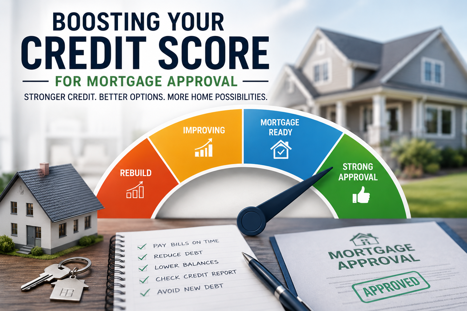 Boost your credit graphic showing mortgage approval preparation and better home buying opportunities in Kingston and area.