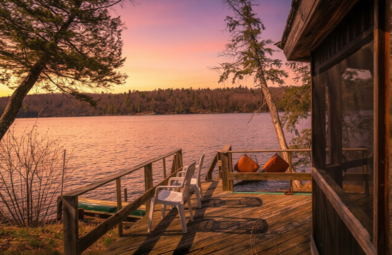 Waterfront cottage deck overlooking an inland lake in Frontenac South Ontario
