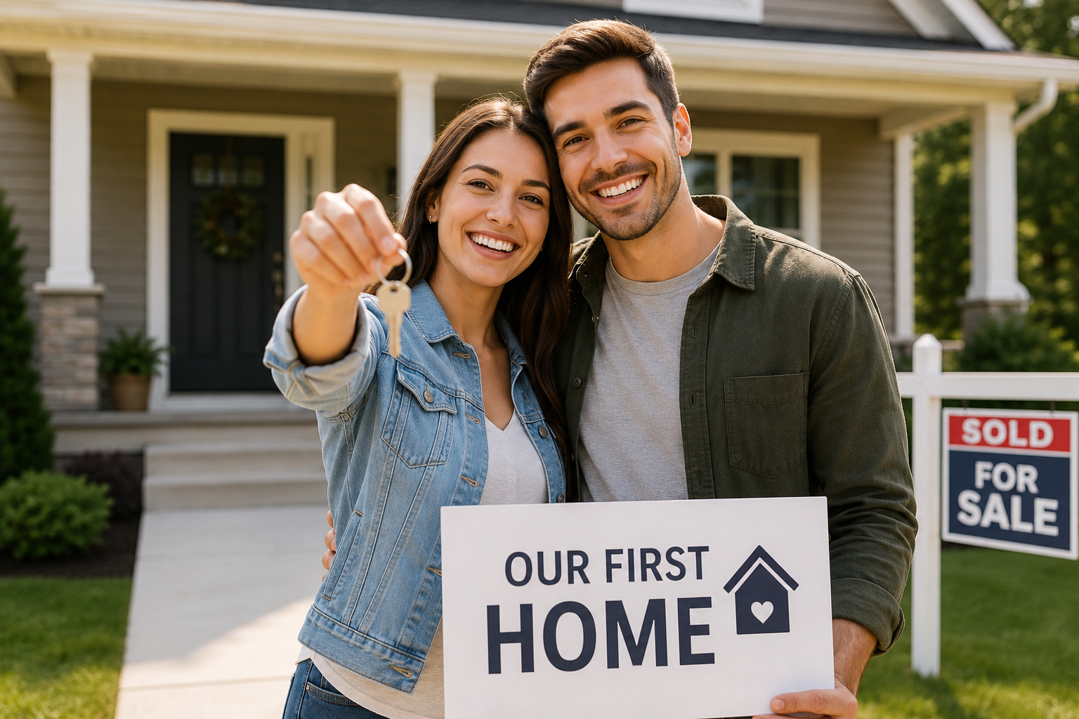 Young first-time buyers holding keys outside their newly purchased home in Kingston and Area