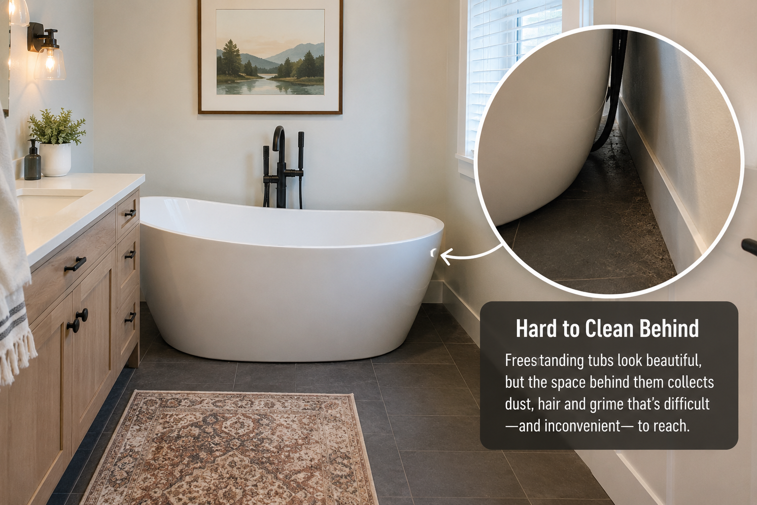Modern freestanding bathtub in a contemporary bathroom with narrow space behind the tub that is difficult to clean