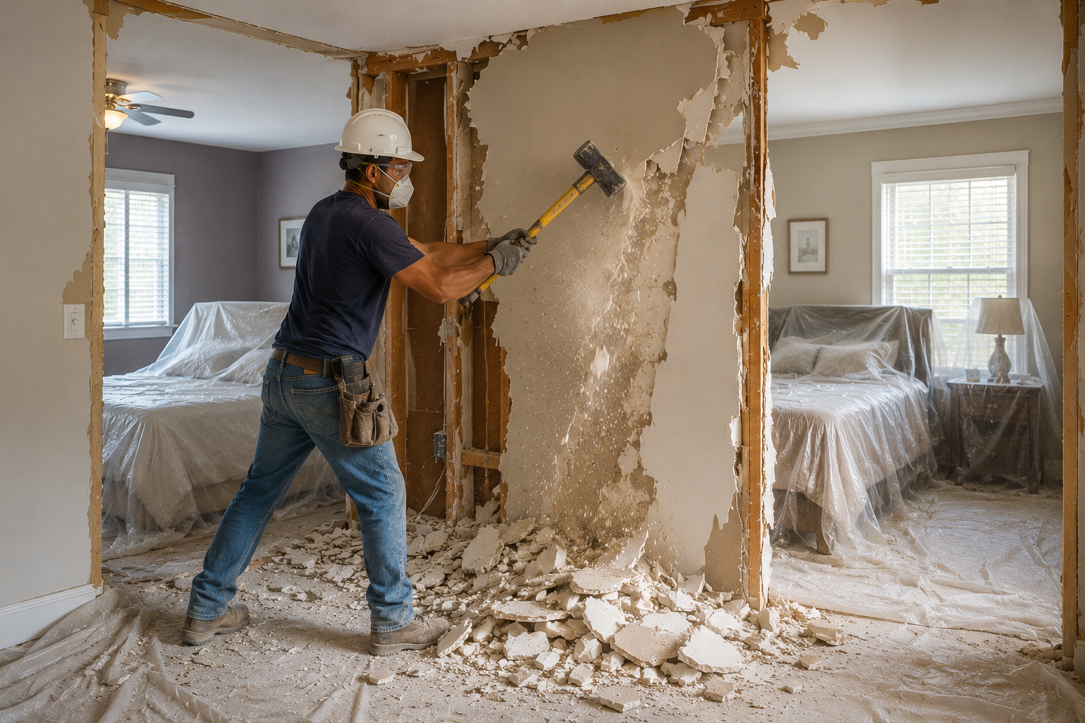Home improvements renovation showing contractor removing a wall between two bedrooms during a major interior remodel