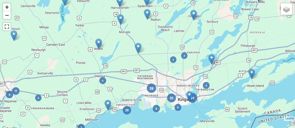 Kingston area homes $500K-$600K search map showing listings across Kingston and surrounding communities