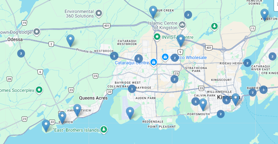Kingston area homes priced $900K-$1.5M search map showing executive and waterfront listings across Kingston and surrounding communities