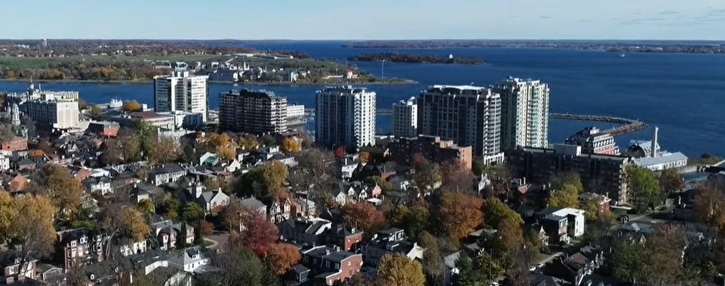 Aerial of Kingston Condo waterfront properties and Lake Ontario