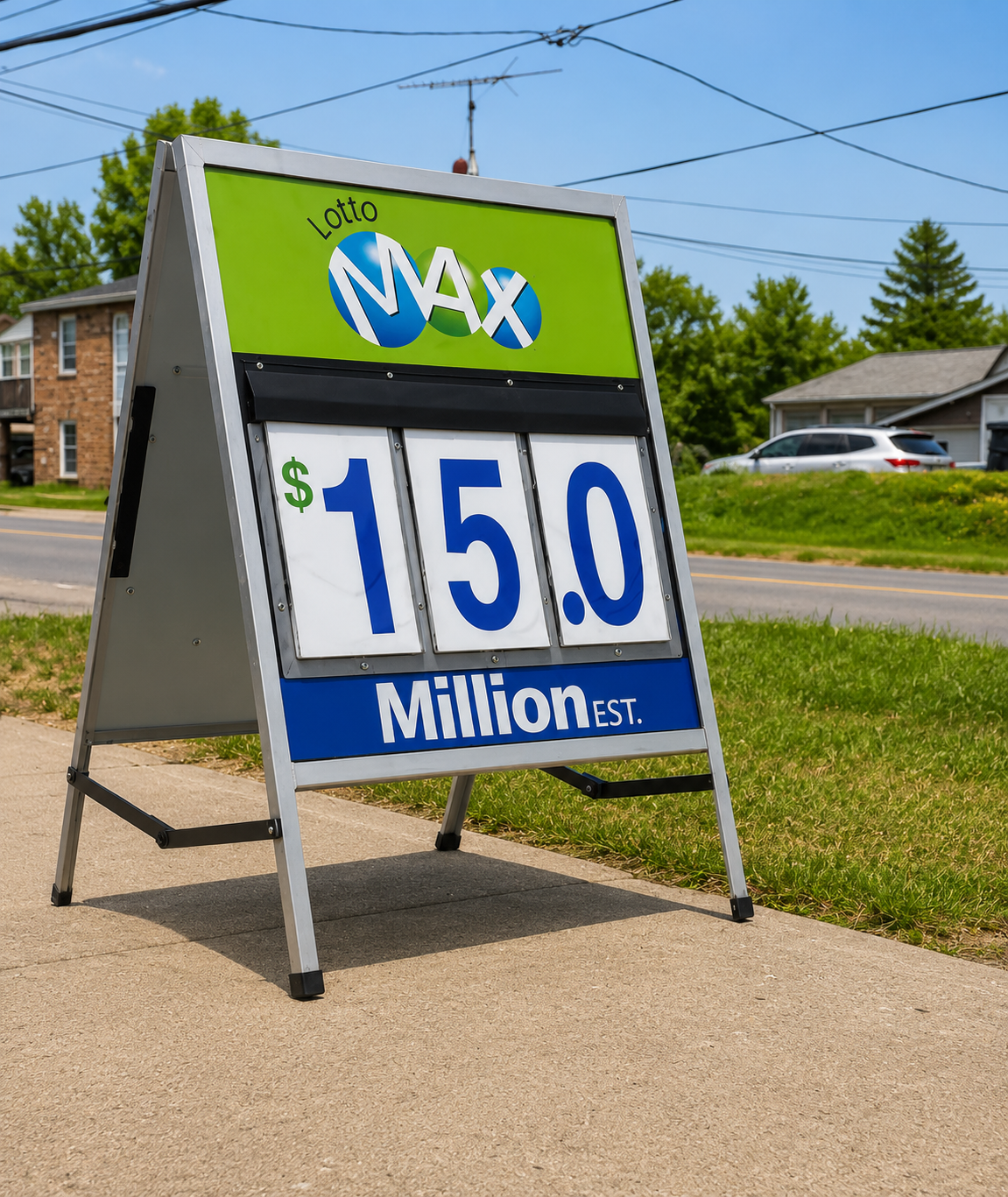 Roadside Lotto Max advertising sign promoting lottery sales and convenience retail services.