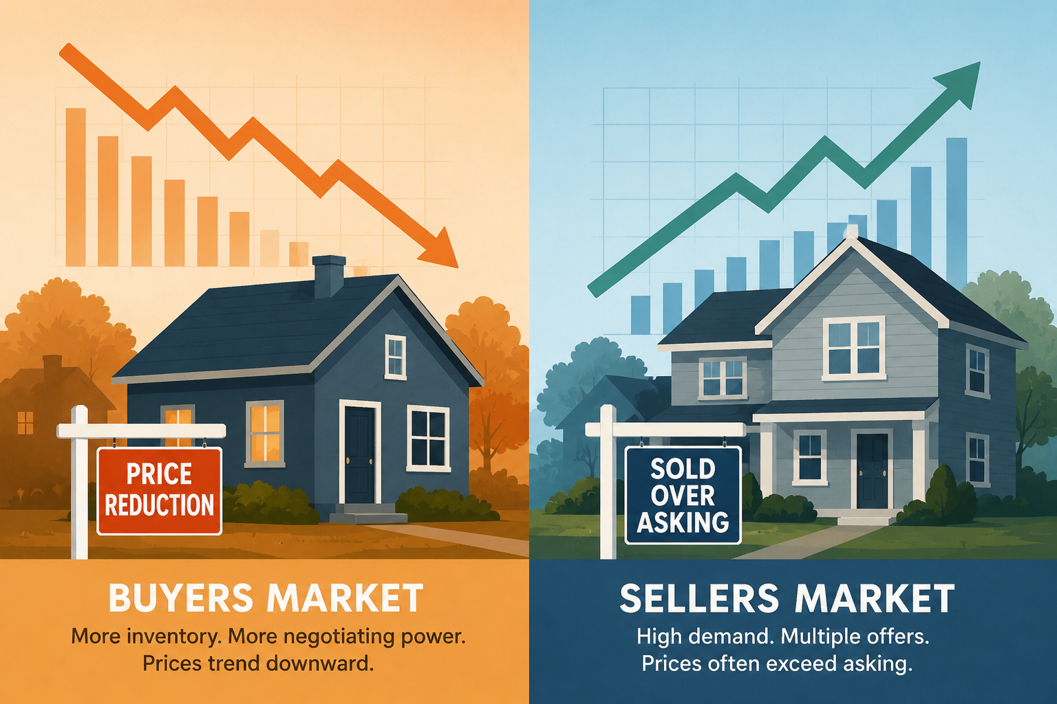Illustration comparing buyers market and sellers market housing conditions in Ontario