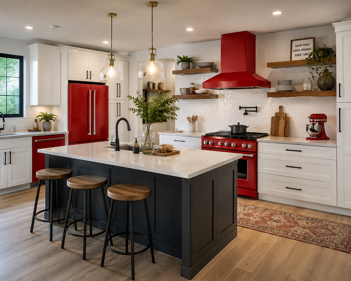 Modern white kitchen with bright red refrigerator, stove, and range hood creating a bold design statement
