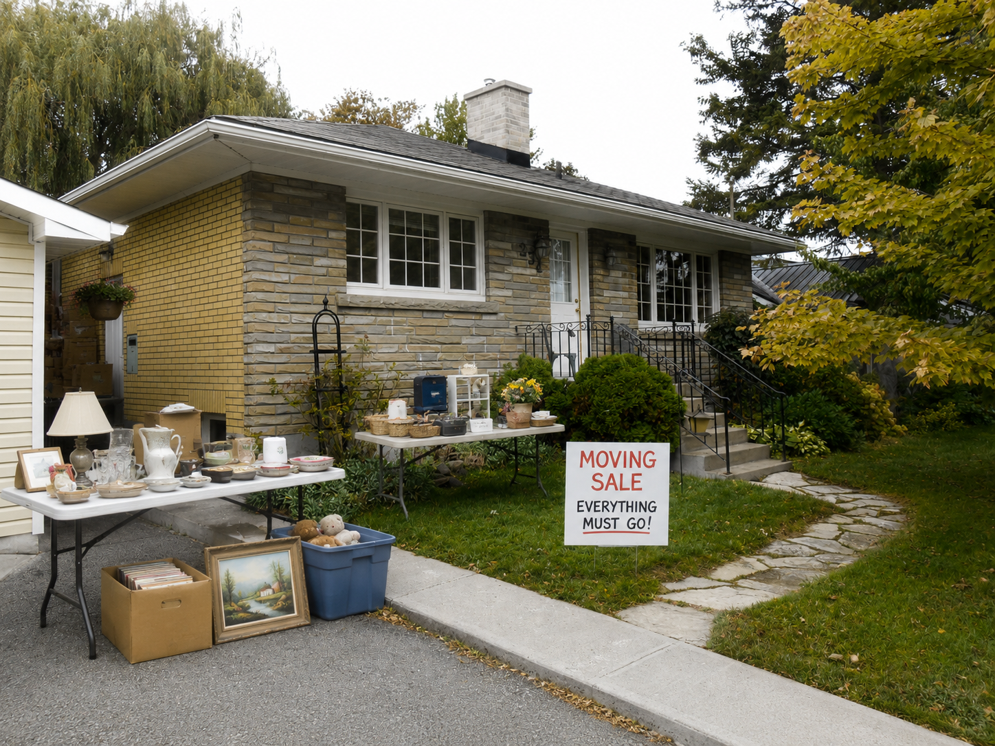 Preparing to sell downsizing moving sale outside a suburban Kingston area bungalow while preparing a home for sale
