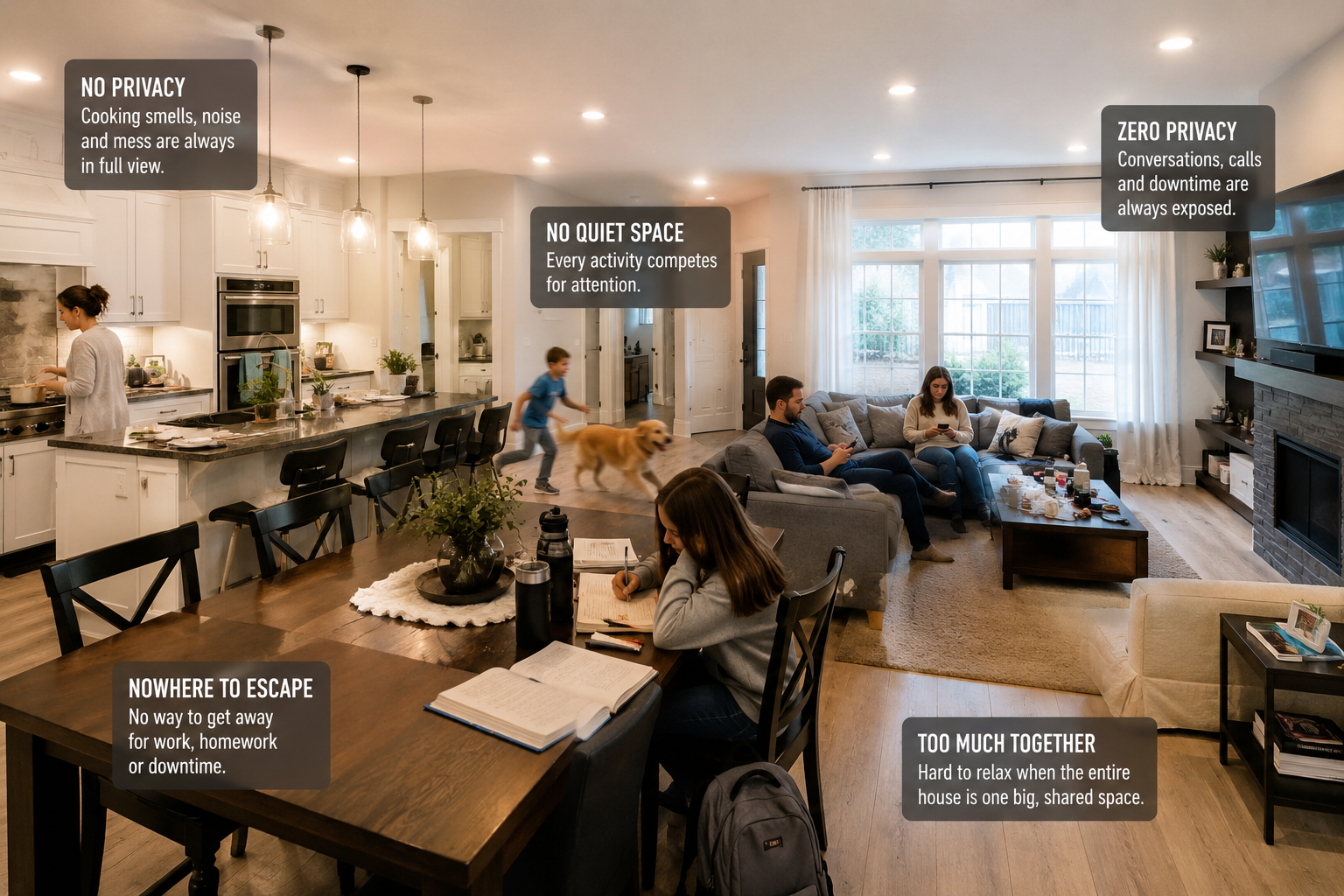 Large open concept kitchen, dining room, and living room layout showing limited privacy in a modern Kingston area home