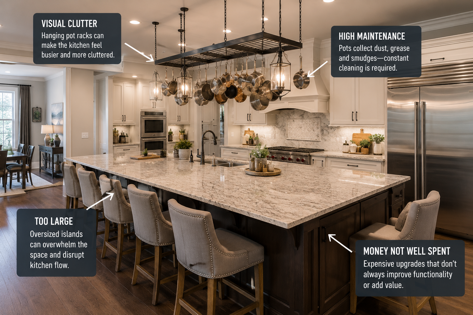 Large luxury kitchen with oversized island and hanging pot rack above the island in a modern home