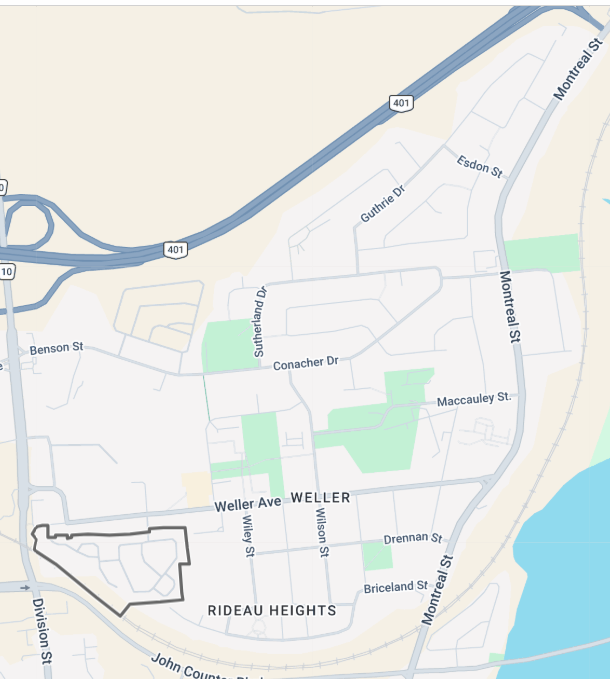 Rideau Heights and Weller neighbourhood map in Kingston Ontario showing boundaries streets and proximity to Highway 401 Bill Stevenson REALTOR® Century 21 Lanthorn Real Estate Ltd Brokerage