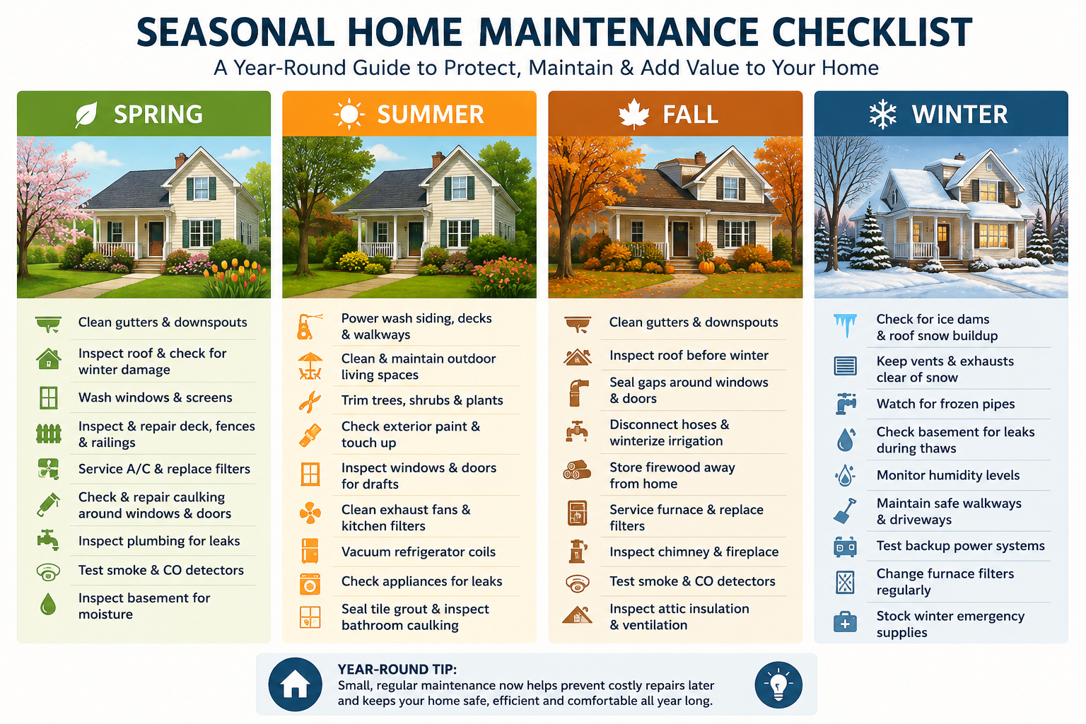 Seasonal home maintenance checklist infographic showing spring, summer, fall, and winter homeowner maintenance tasks in Ontario