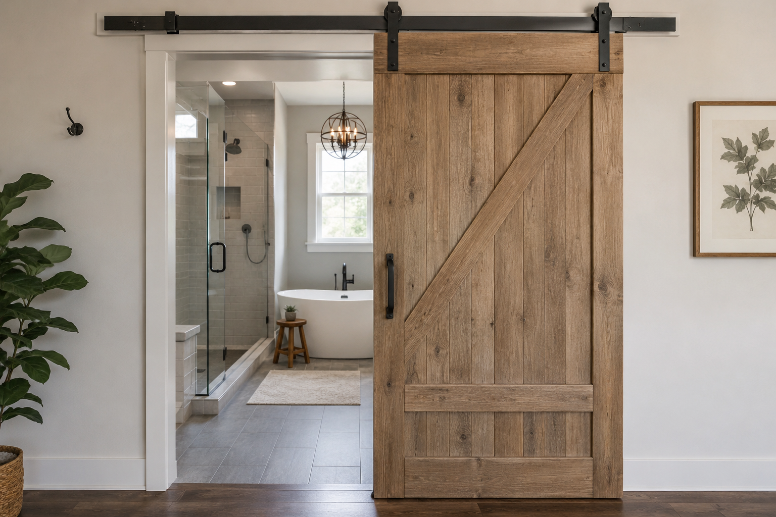 regrettable home improvements: Modern bathroom with a sliding barn door entrance in a renovated Kingston area home