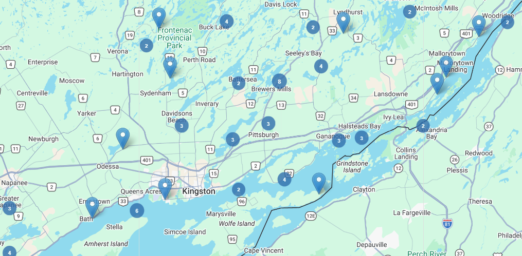 Kingston area waterfront homes search map showing luxury shoreline and lakefront listings across surrounding communities
