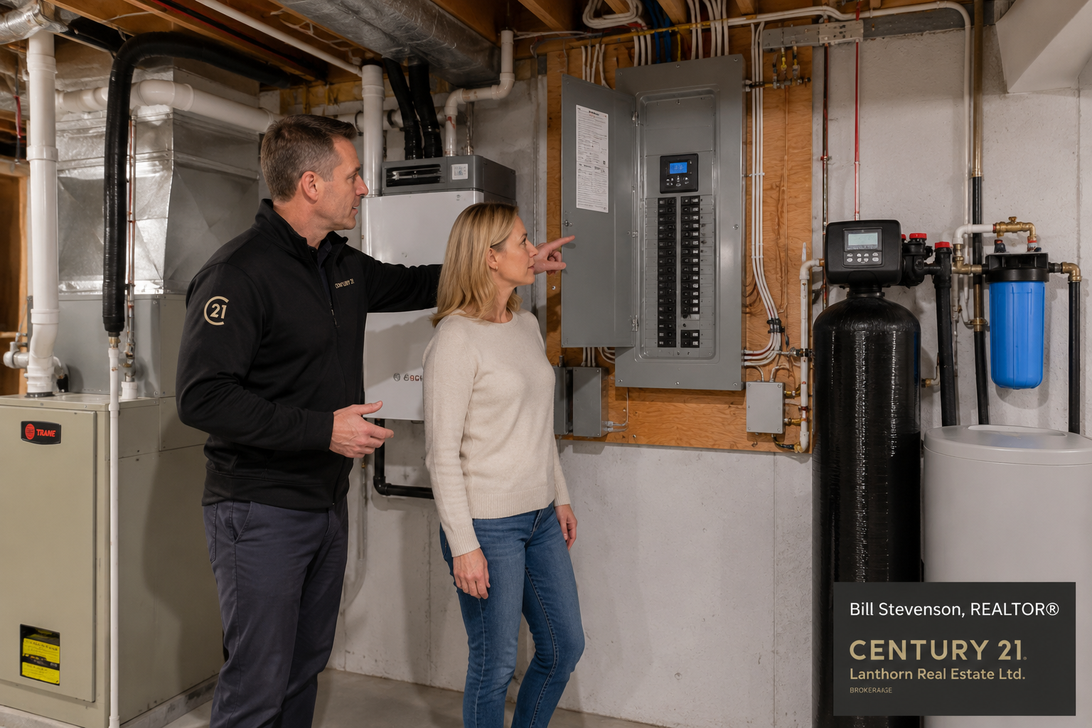 Bill Stevenson, REALTOR®, showing buyers a modern electrical panel, heat pump, and water treatment system in a Kingston Area home