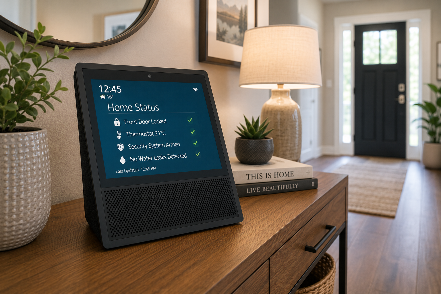 Alexa smart home display showing home status information including smart locks, thermostat settings, and leak detection in a modern smart homes entryway. Bill Stevenson, REALTOR®, Century 21 Lanthorn Real Estate Ltd., Brokerage.