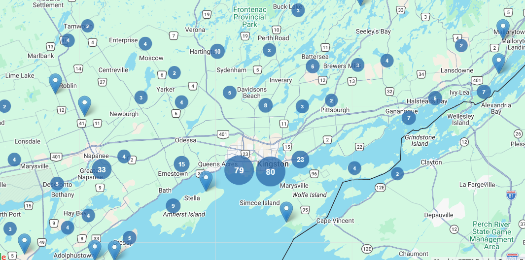 KAREA real estate market coverage map showing Kingston, Frontenac, Lennox and Addington, and Leeds and Grenville communities served by Bill Stevenson, REALTOR®, Century 21 Lanthorn Real Estate Ltd., Brokerage