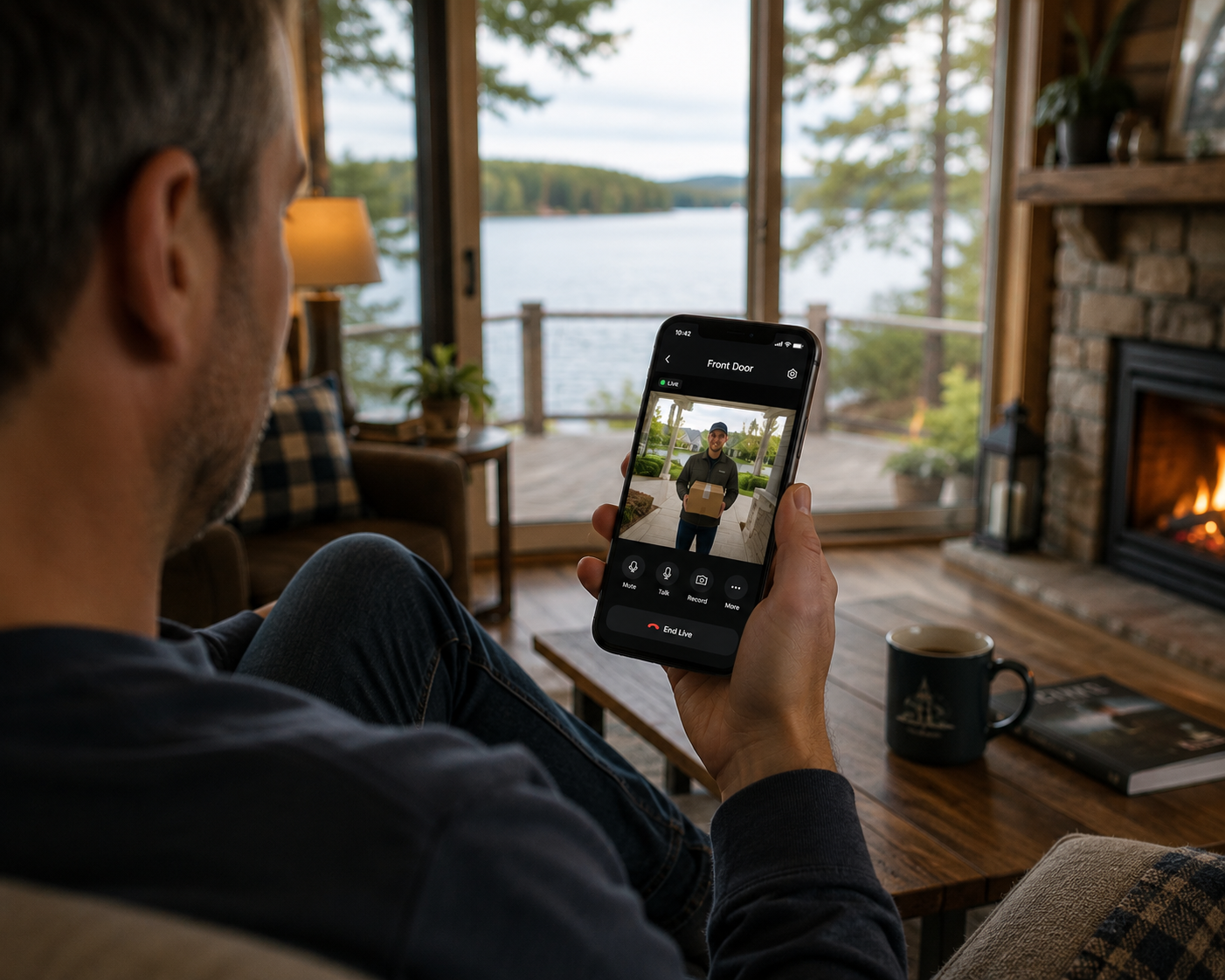 Homeowner at a lakeside cottage monitoring a Kingston-area home remotely using a smartphone security app. Bill Stevenson, REALTOR®, Century 21 Lanthorn Real Estate Ltd., Brokerage.
