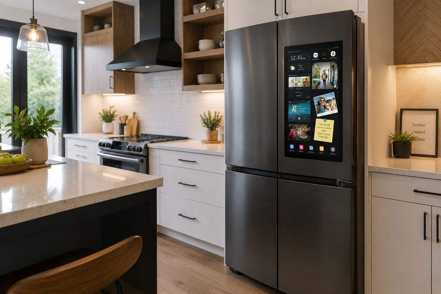Smart refrigerator with touchscreen display and connected home features in a smart homes modern kitchen. Bill Stevenson, REALTOR®, Century 21 Lanthorn Real Estate Ltd., Brokerage.