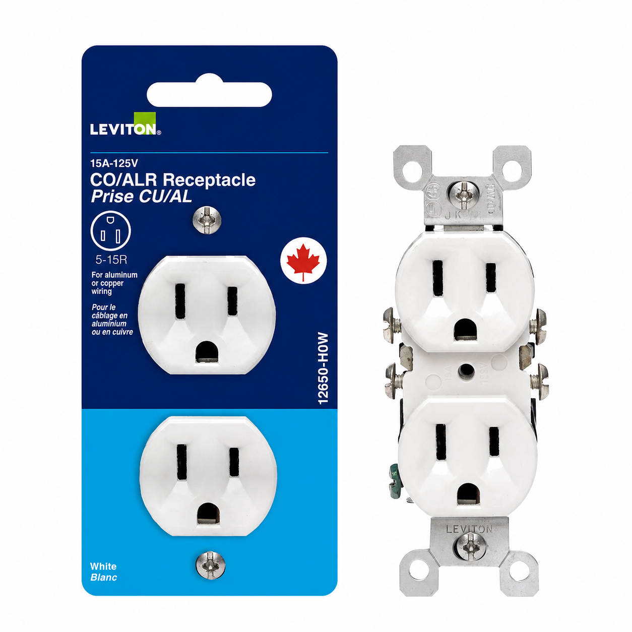 CO/ALR receptacle approved for aluminum or copper wiring shown beside its packaging.