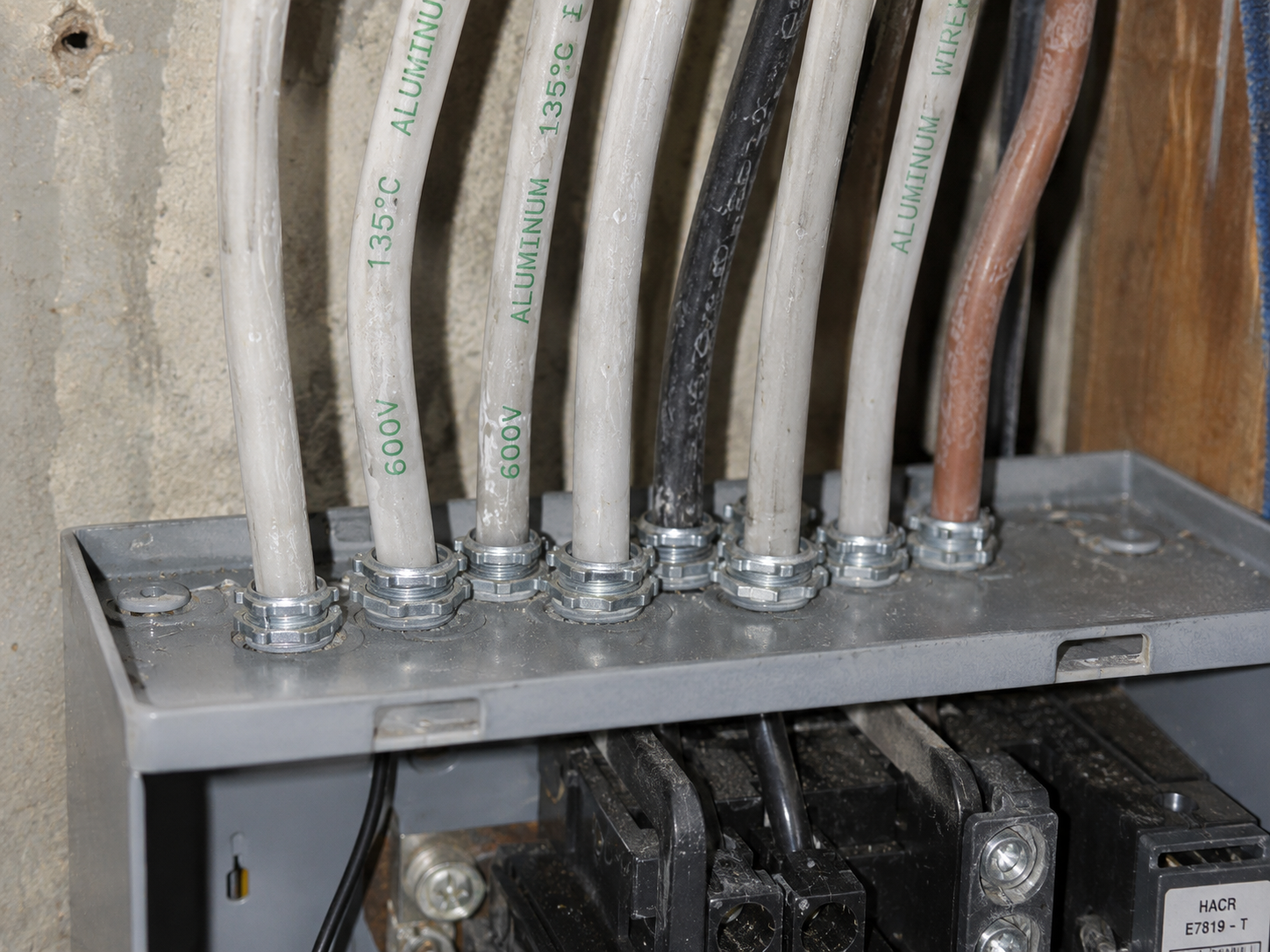 Aluminum branch wiring entering an electrical panel with visible aluminum markings on the cable