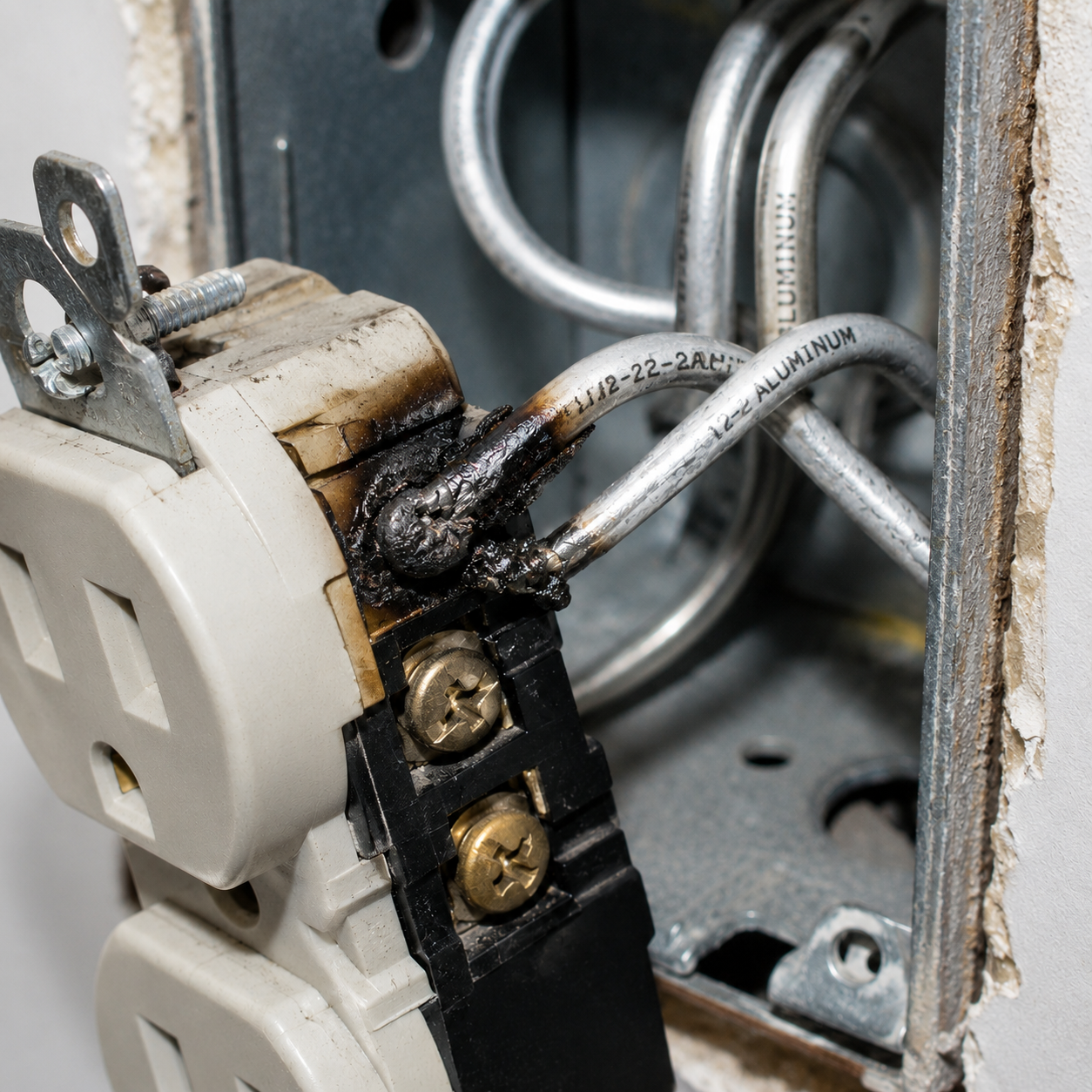Overheated electrical receptacle with damaged aluminum wiring at the connection point