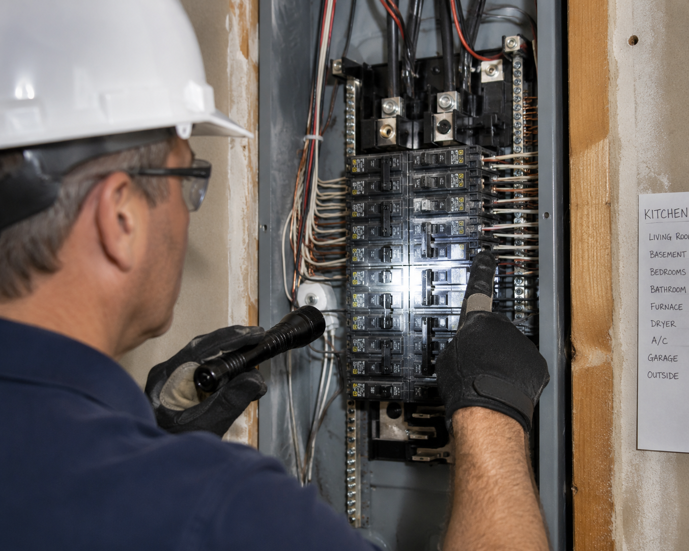 Licensed electrical contractor examining an electrical panel with a flashlight