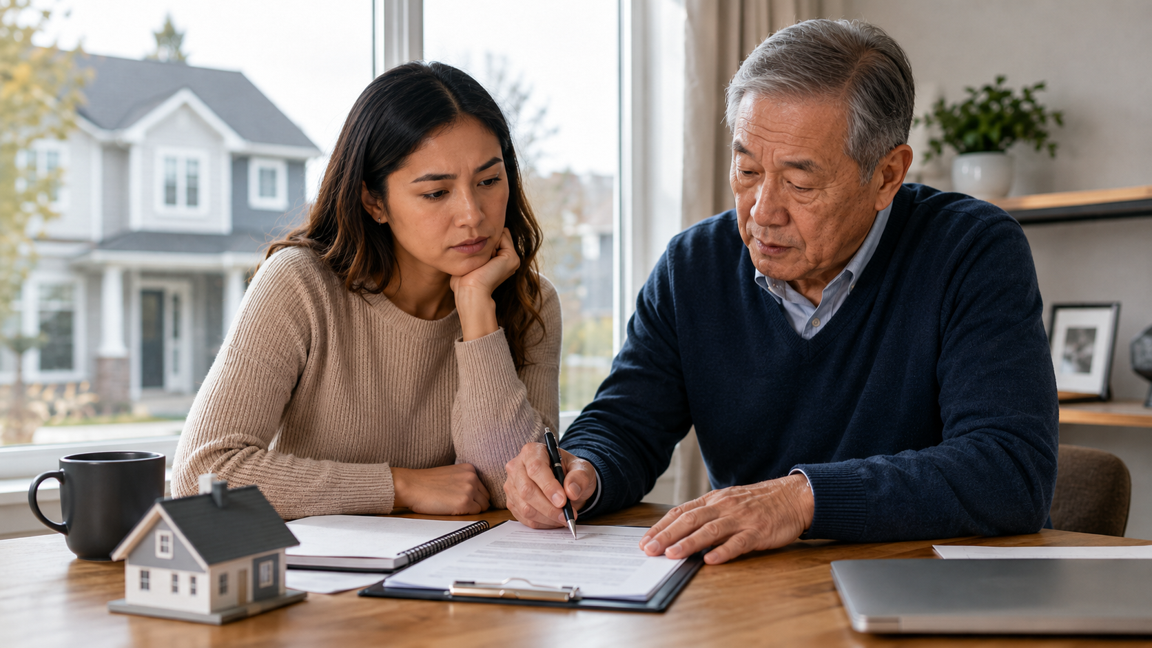 Before co-signing, know the risks as two adults review mortgage paperwork for a home purchase