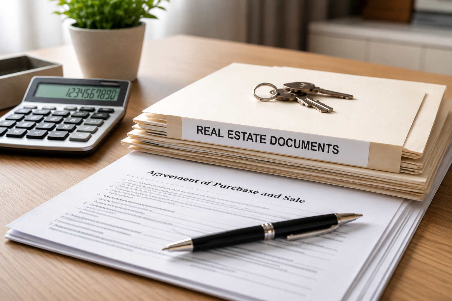 Agreement of Purchase and Sale and real estate closing documents prepared for closing day in the home buying process.