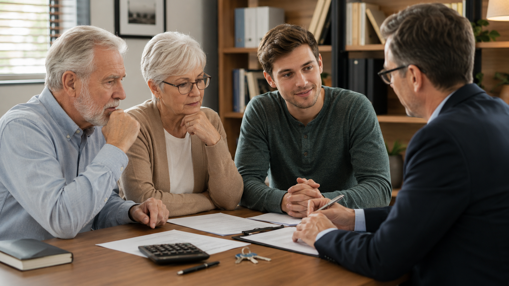 Older couple and young adult meeting with an advisor about mortgage paperwork, representing the risks of co-signing a mortgage.