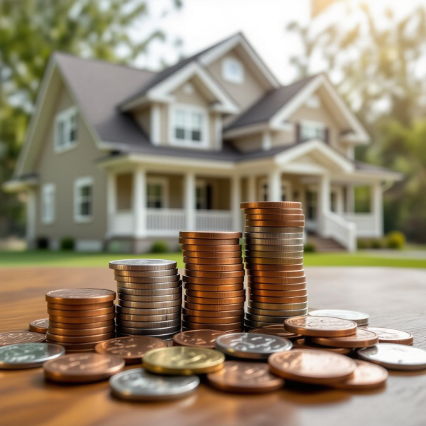 Stacks of coins in front of a house representing home closing costs in Kingston and area